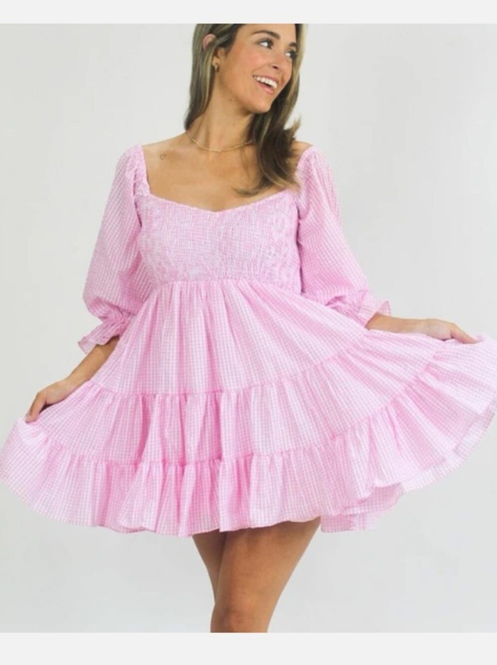 Pink Gingham Smocked Midi Dress with Tiered Skirt
